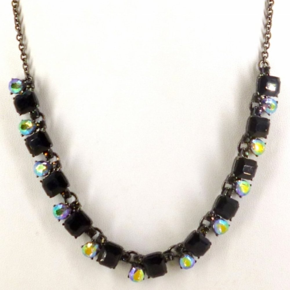 LOGO Necklace by Lori Goldstein Garnet Red, Aurora Borealis & Gunmetal 21" NWOT